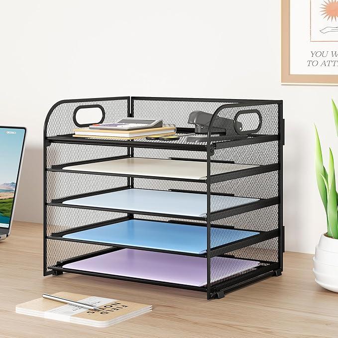 Paper Organizer Letter Tray with Handle Mesh 5 Trays Desk File Organizer Paper Sorter Desk Organizer for Office, Home or School-Black 2 Pack