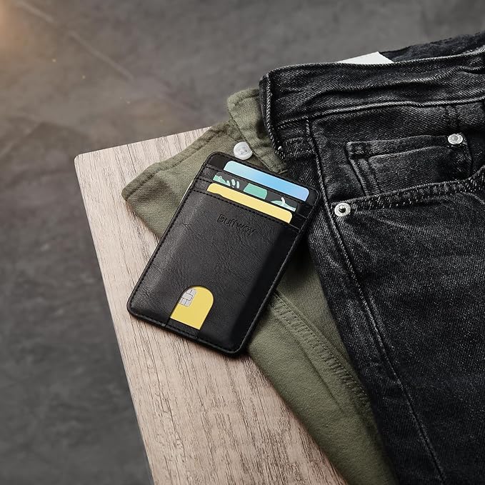Buffway Mens Slim Wallet, Minimalist Thin Front Pocket Leather Credit Card Holder with RFID Blocking for Work Travel | Minimalist, Thin, Front Pocket, Credit Card Holder, RFID Blocking, for Work Travel