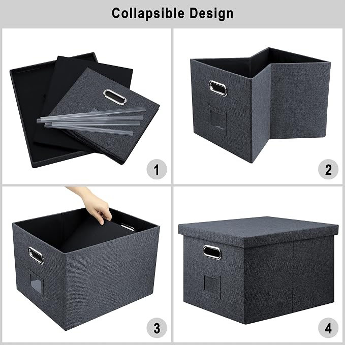 Graciadeco File Organizer, Collapsible Storage Filling Box with Lid for Letter Legal Size Hanging Folders Decorative Linen File Folder Box Document Storage Filing Bin, Dark Gray 2 Pack