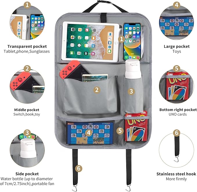 LUCMO Car Backseat Organizer with Tablet Holder-2 Pcs,6 Storage Pockets Car Storage Organizer with Foldable Food Tray Protectors Kick Mats Travel Accessories-Grey