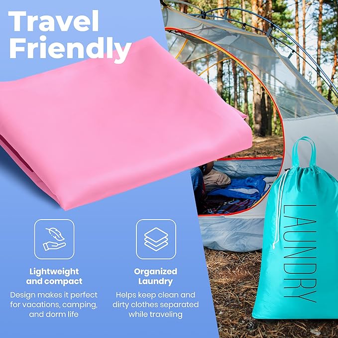 Extra Large Travel Laundry Bag - 2-Pack Fun Print Design Bags for Dirty Clothes - Durable Water-Resistant Fabric - Sturdy Drawstring Closure (Pink-Teal | Laundry)
