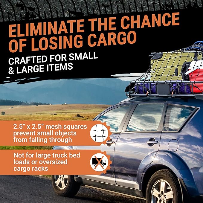 Grit Performance Cargo Net for Roof Rack - 22 x 38 Inch, Heavy-Duty, Mesh Square Bungee Netting with 12 Black Clips and Storage Bag - Holds Small and Large Loads