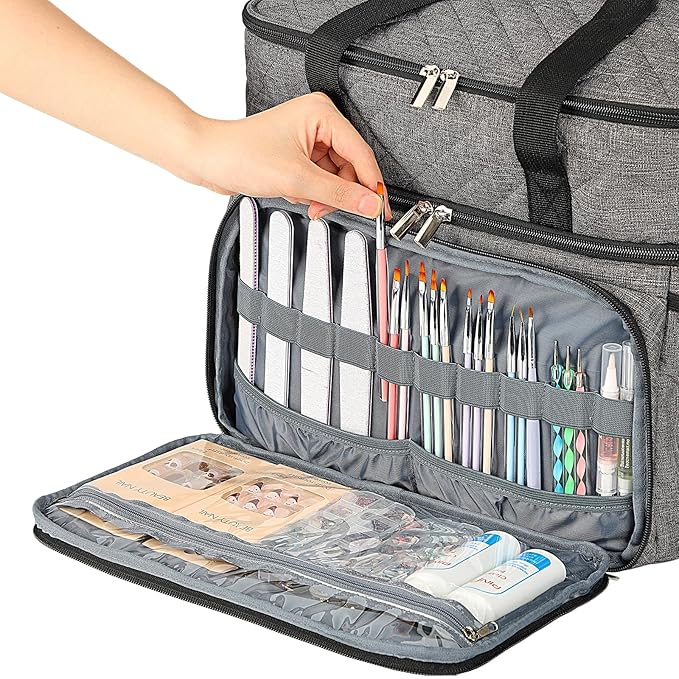 HOMEST Double Layer Nail Polish Organizer Holds 80 Bottles (15ml/0.5 fl. oz) and a Lamp, Case with 2 Removable Pouches for Manicure Tools Storage, Grey(Bag Only)
