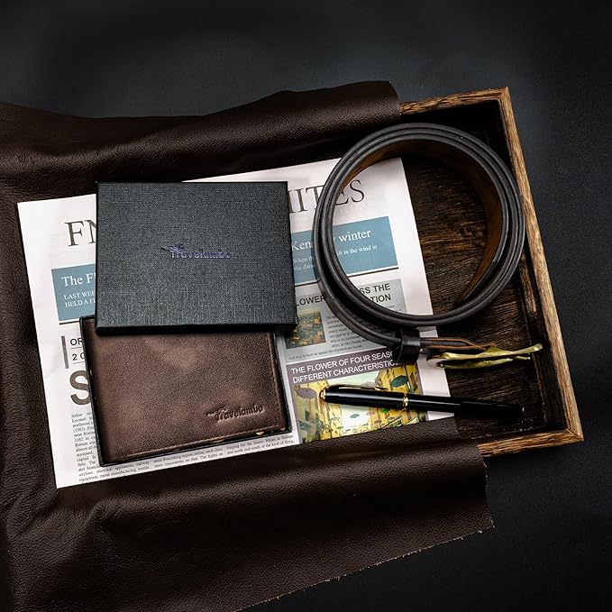 Travelambo Genuine Leather Wallet for Men with Gift Box - Handmade Bifold Stylish - Mens Wallets Rfid Blocking with 2 ID Windows