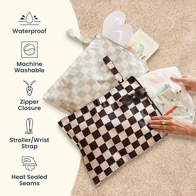 Tiny Twinkle Mess Proof Wet Bags | 2-Pack Reusable Waterproof Wet Bags for Swimsuits | Baby Clothes | Travel & Diaper Bag (Slate, Olive)