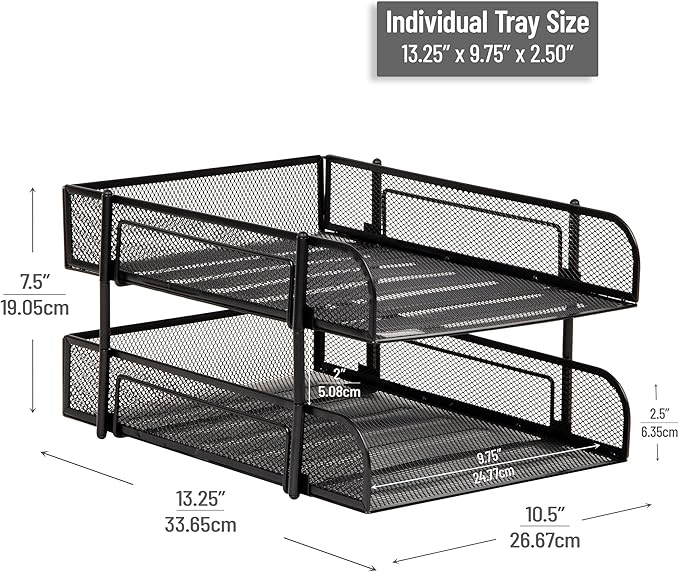 Mind Reader Stackable Paper Tray, Desktop Organizer, File Storage, Office, Metal Mesh, 2 Pcs, Black