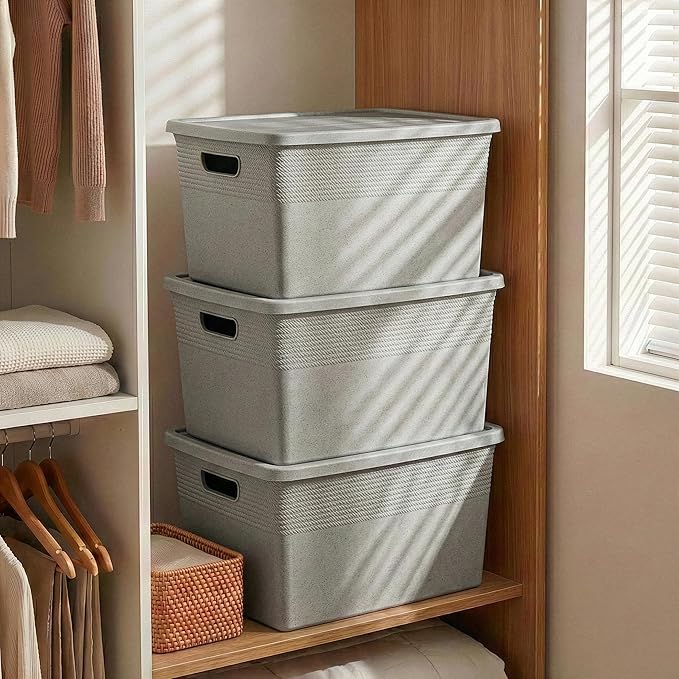 BINO | Plastic Storage Bins with Lids, 22 Liter - 3 Pack, Natural Grey | THE BRAIDED COLLECTION | Plastic Bins for Organization Woven Storage Baskets for Organizing Pantry Shelf Organizer Basket Bin