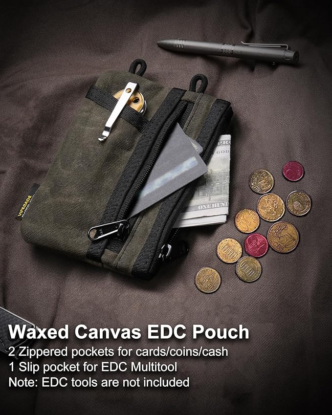 VIPERADE VE18N-OW Waxed Canvas Zipper Wallet, Slim Pocket Pouch, 3 Slots and 2 Zipper Pockets - Minimalist EDC Wallet (OD Green)