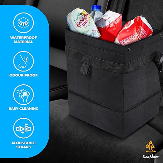 EcoNour Foldable Car Trash Bag Hanging, Garbage Bag and Waterproof Trash Can for Car, Leakproof Trash Can, SUV and Truck Seat Backs, Home, Office - Holds 2.5 Gallons (Black)