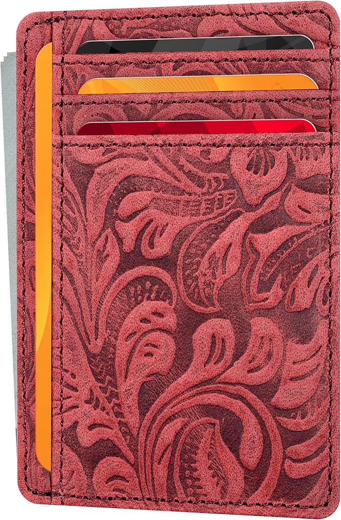 Real Leather Slim Minimalist Wallet for Men and Women -RFID Blocking Front Pocket Thin Credit Card Holder Stylish Wallets (Red1)