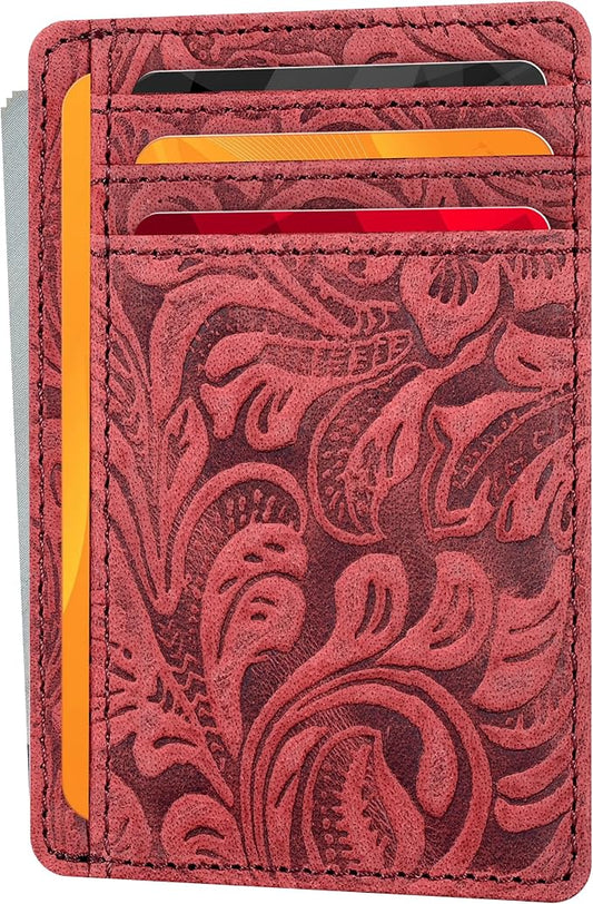 Real Leather Slim Minimalist Wallet for Men and Women -RFID Blocking Front Pocket Thin Credit Card Holder Stylish Wallets (Red1)