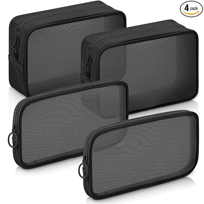Weewooday 4 Pcs Mesh Makeup Bag Mesh Cosmetic Bag Toiletry Pouch with Zipper Mini Makeup Cosmetic Purse for Daily Accessory (Large,Medium,Black)