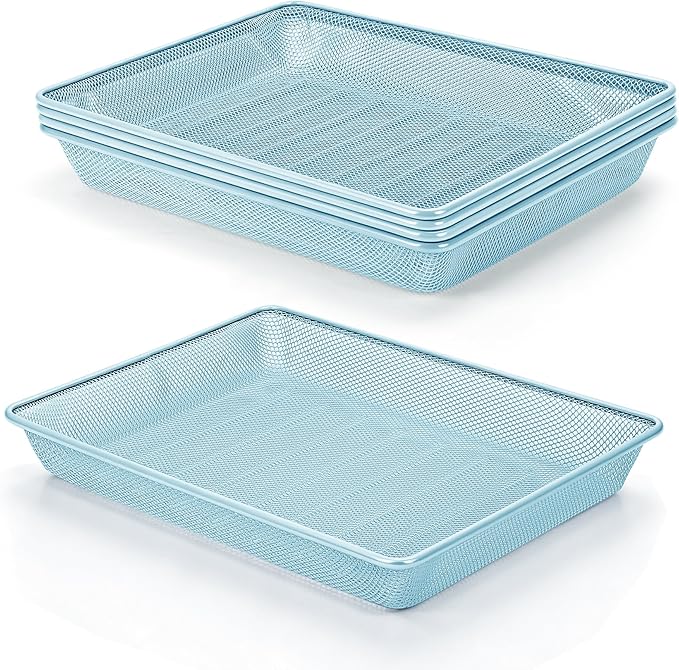 Office Metal Mesh Basket for Desk, Single Paper Tray Organizer, Turn in Trays Classroom, Flat Mail Letter Storage Basket for Office Home Drawers School (5, Blue)