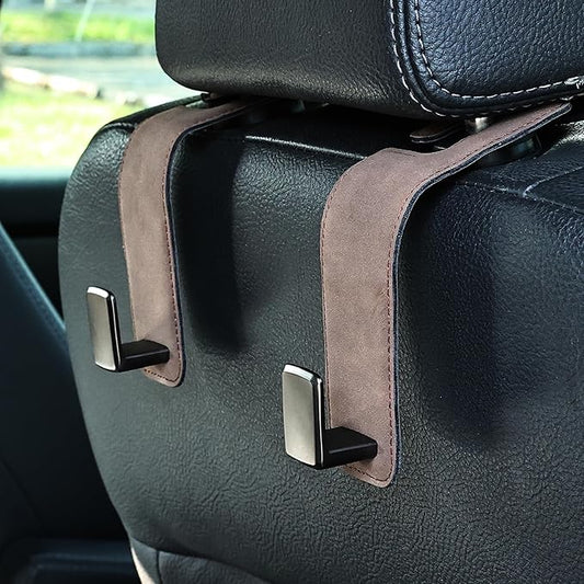 Car Seat Back Hook Metal with Suede Universal Vehicle Headrest Hangers Interior Storage Organizer for Purse Handbag Coat Grocery Bags 2 Pack Coffee