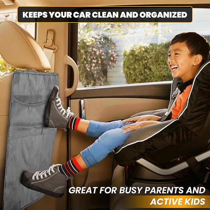 EcoNour 2-Pack Back of Seat Protector for Kids Feet | Grey Oxford Fabric Car Kick Mats with 2 Pocket Organizer | Seat Protector for Vehicles from Dirt, Mud & Scratches | Car Accessories