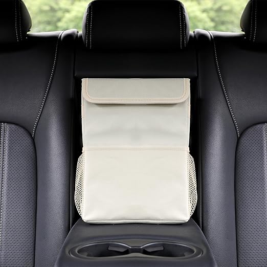 AOKJOY Car Garbage can with lid Leak Proof Vehicle Trash Can 3 Storage Pockets Hanging Waterproof car Trash Bag for SUV Beige