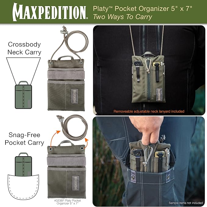MAXPEDITION Platy Pocket Organizer, Durable EDC Tool Pouch for Men, Neck Wallet with Paracord Lanyard, Holds Flashlight, Multitool, Pen, Notebook