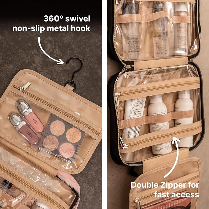 Travel Toiletry Bag for Women with Hanging Hook, Makeup Organizer Case, Water-Resistant Cosmetic Bag For Full-size Containers, Toiletries, Pink Large+, Not Made In China