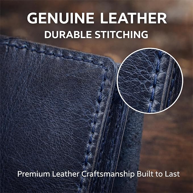 Genuine Leather Bifold Card Holder Wallet for Men & Women Slim Minimalist Front Pocket Credit Card Wallet, Compact Travel & Everyday Carry - Navy Blue