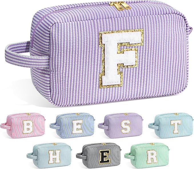 YOOLIFE Gifts for Women Teen Girls Kids - Initial Makeup Bag Cosmetic Case Toiletry Pouch, Birthday Gifts for Women Friends Sister Teacher, Purple F