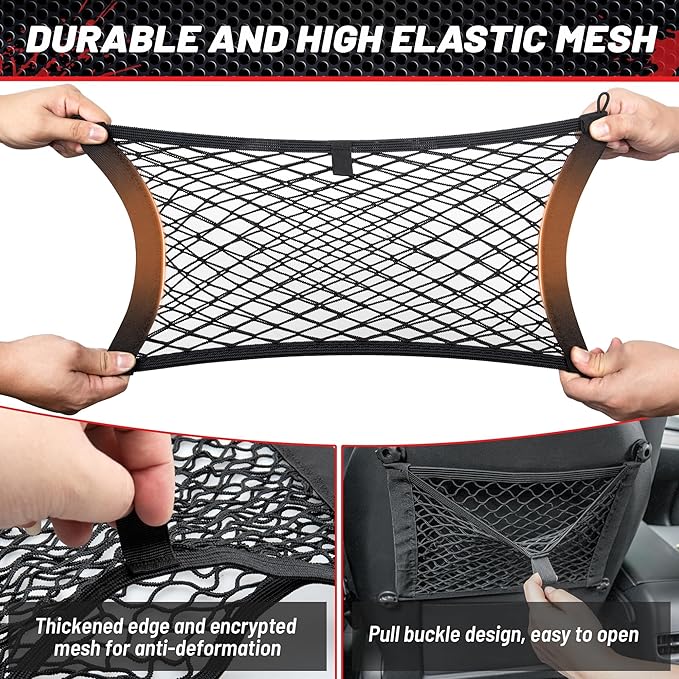 RED WOLF 2 Layer Small Mesh Cargo Net Elastic Storage Netting 2 Pcs Stretchable Car Organizer Net 14×10 Inch for Trunk RV Boats Home Auto Cargo Net Pocket with Screws and Hooks