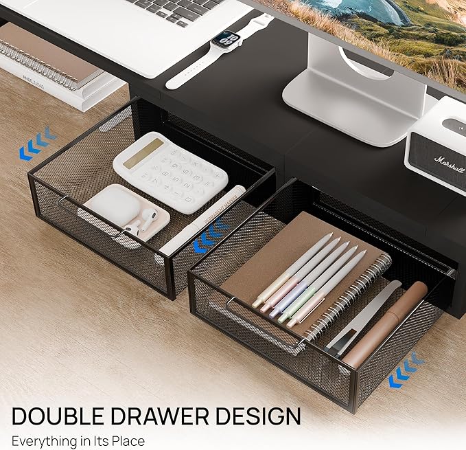 ZIFTY Dual Monitor Stand Riser with 2 Drawer and Smartphone Holder Wooden Desk Organizer, Adjustable Length & Angle Workspace Organizers for 3 Monitors Laptop Printer Computer, Black