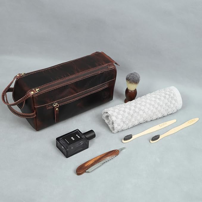 Toiletry Bag | Leather Dopp Kit for Men & Women – Water-Resistant, Durable & Stylish – Travel Organizer with Multiple Compartments | Grooming Essentials, Shaving & Makeup Pouch (Brown)
