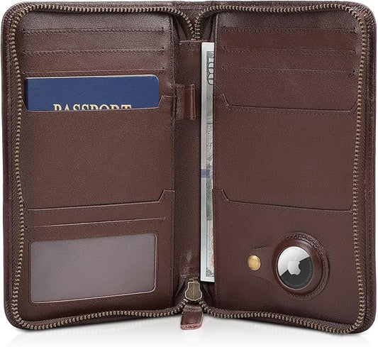 Polare Full Grain Leather Passport Holder Cover Case for Men RFID Blocking Travel Wallet Holds 4 Passports (Coffee with AirTag Slot)