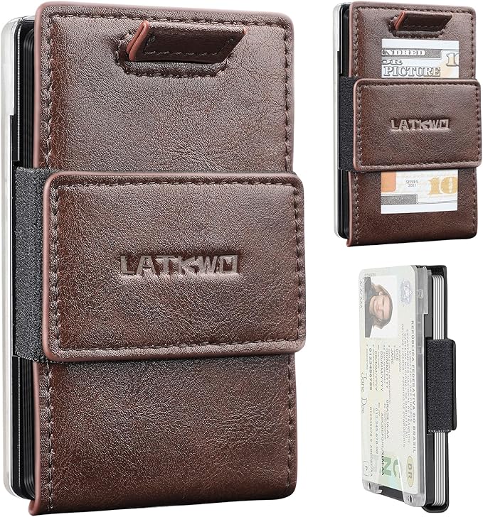 Wallet for Men Slim Pull Tab Metal RFID Blocking Credit Card Holder with ID Window & Cash Strap - Compact Front Pocket Design Holds 1-10 Cards (3.62x2.36x0.47in) (Coffee)