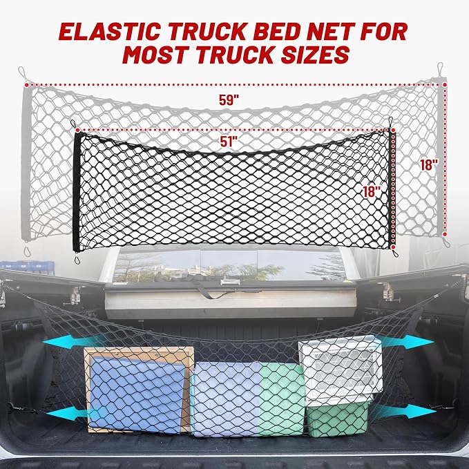 RED WOLF Truck Bed Cargo Net for Pickup Truck Bed Elastic Car Rear Trunk Cargo Storage Net 51''×18'' Envelope Style Mesh Cargo Net for GM Silverado Sierra,Ford F150