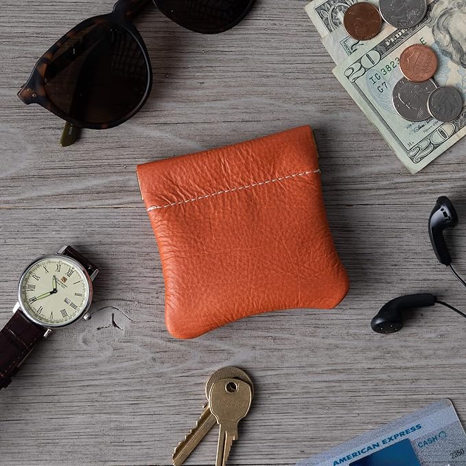 Nabob Leather Genuine Leather Squeeze Coin Purse, Coin Pouch Made IN U.S.A. Change Holder For Men/Woman Size 3.5 X 3.5 (Orange)