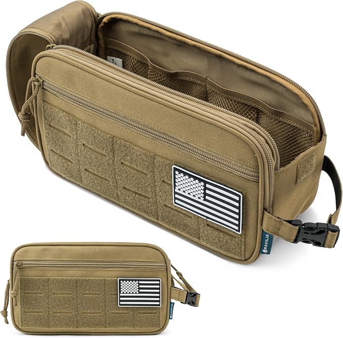 PAVILIA Tactical Toiletry Bag for Men, Water Resistant Molle Military Dopp Kit, Travel Hygiene Organizer with Wet Dry Storage for Shaving, Grooming, Gym and Camping, Tan