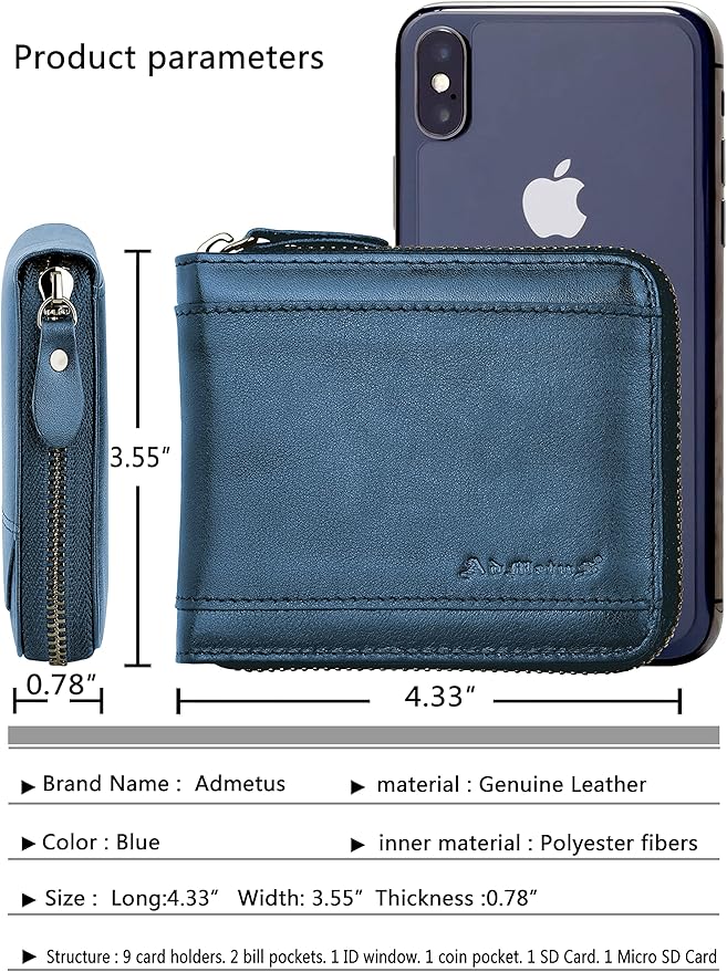 Admetus Mens RFID Blocking Wallets Zipper Leather Wallet for Men Bifold RFID Card Holder