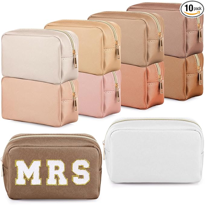 Sweetude 10 Pcs Makeup Bag Bulk for Women Preppy Gift PU Leather Cosmetic Bag Small Skincare Toiletry Pouch Mother Travel Cosmetic Pouch for Bridesmaid Bride Wedding Gift Favors (Vintage Color)