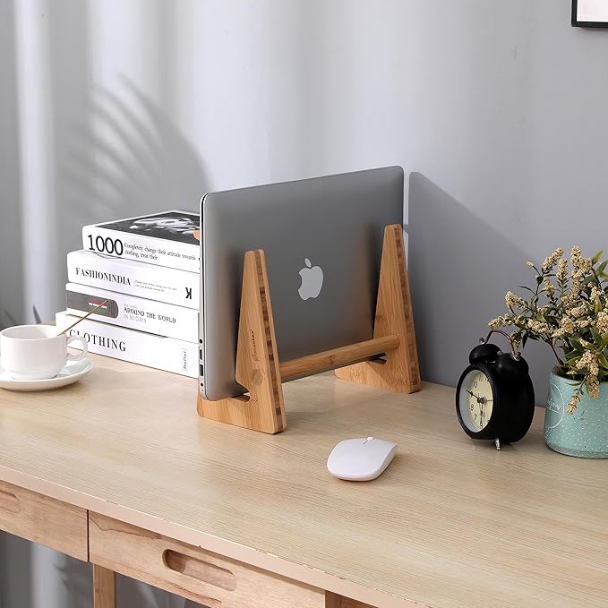 Wooden Vertical Laptop Stand for Desk, Bamboo Laptop Holder Compatible with MacBook Air Pro/Dell XPS/Surface Pro/HP/Pixelbook/Lenovo, More 13-15.6 Inch Laptops