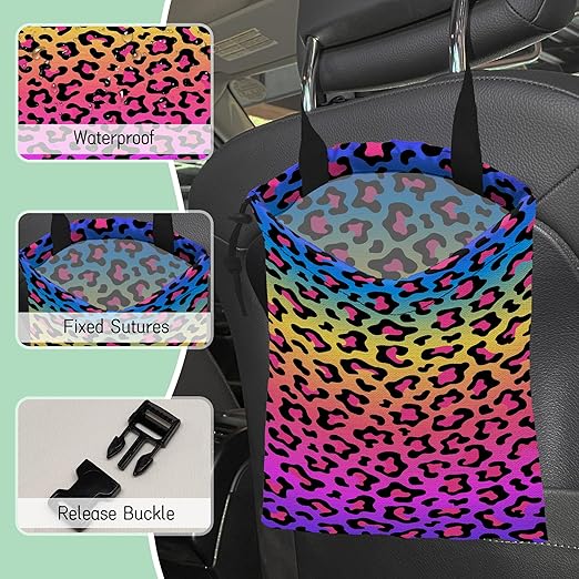 Rainbow Leopard Car Trash Bag,Neon Leopard Hanging Drawstring Car Garbage Bag, Waterproof Canvas Car Back Seat Organizer with Adjustable Buckle, for Vehicles, SUVs, Camping, Road Trips