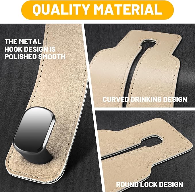 Amelity Car Headrest Hooks, Purse Hook for Vehicle 2 Pack Beige | Universal Car Interior Accessories for Women, Available in 2/4 Pack, Storage Hanger Holds Purses, Backpacks, Grocery Bags