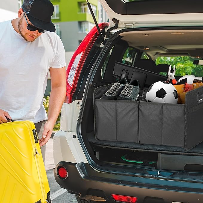 Simple Deluxe Car Trunk Organizer, 2 Compartments Collapsible Trunk Storage, Anti-slip Design, Made of Waterproof 600D Oxford Polyester, Suitable for Minivan, SUV, Truck, Standard Size, Black, 2 Pack