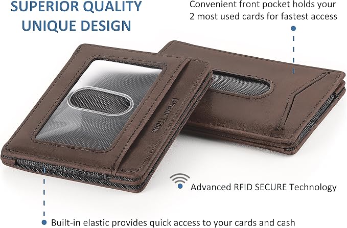 Compact RFID Sleeve Wallet Premium Leather Minimalist Money Clip Card Holder 10 Cards