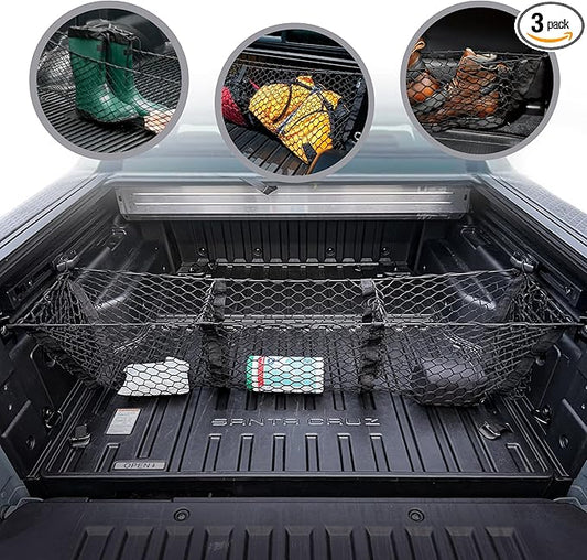 3 Pocket Style Elastic Trunk Cargo Net for Hyundai Santa Cruz 2022-2025 - Premium Trunk Organizers & Storage - Cargo Net for Pickup Truck Bed - Truck Bed Divider - Car Organizer for Pickup
