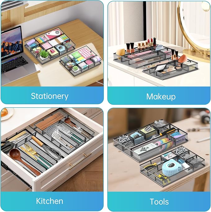 SUPEASY 2 Pack Mesh Drawer Organizer, Metal Desk Drawer Organizer Tray with 8 Adjustable Compartments, Desk Organizers and Accessories for Office Supplies, Kitchen, Makeup & Vanity (Black)