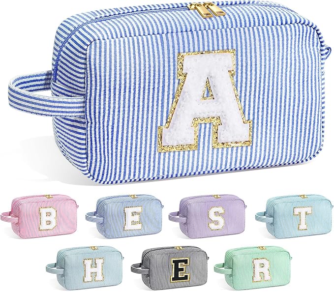 YOOLIFE Gifts for Women Teen Girls - Initial Makeup Bag Cosmetic Bag Toiletry Pouch, Personalized Birthday Gifts for Women Girls Mom Daughter Sister Friends, Blue A