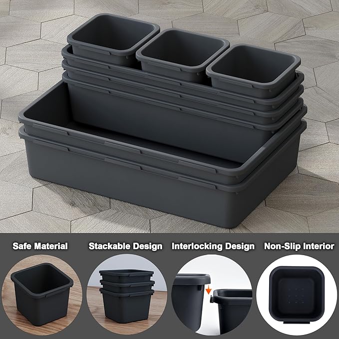 QUELIEN Desk Drawer Organizer Tray Set, 16PCS Plastic Drawer Organizer Bins for Office, Makeup, Kitchen - Gray Blue Desk Organizer with Flexible Interlocking Design for Efficient (Gray Blue, 16PCS)
