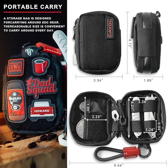 EDC Pouch,Nylon Pocket Organizer for 4.21" Folding Knife Sheath,Small Organizer Pouch Multitool Bags,GITD Drawstring and Titanium Keychain Accessories (patch not included)(Black)