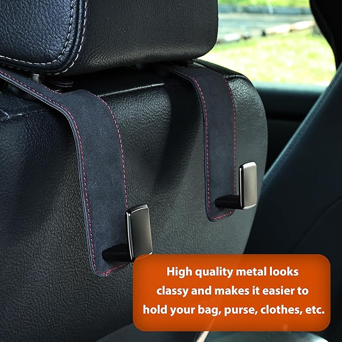 Car Seat Back Hook Metal with Suede Universal Vehicle Headrest Hangers Interior Storage Organizer for Purse Handbag Coat Grocery Bags 2 Pack Black