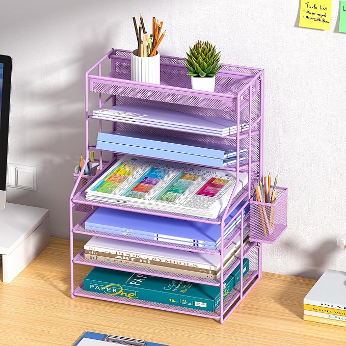 Purple 7 Tier Desk File Organizer, Metal Letter Tray Paper Organizer with Pull-Out Drawer, Removable Pen Holder & Hanging Basket, Vertical Desktop File Holder for Home Office, Classroom