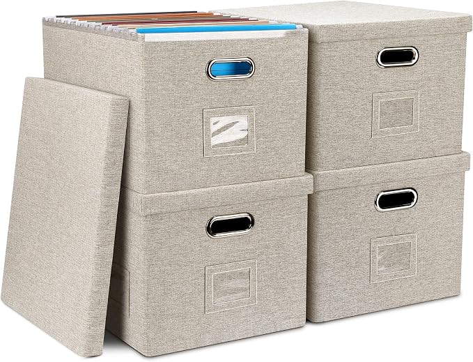 Graciadeco 4-Pack Modern Minimalist Beige Collapsible Linen File Folder Box Office Document Storage Filing Bin with Lid for Letter Legal Size Hanging Folders