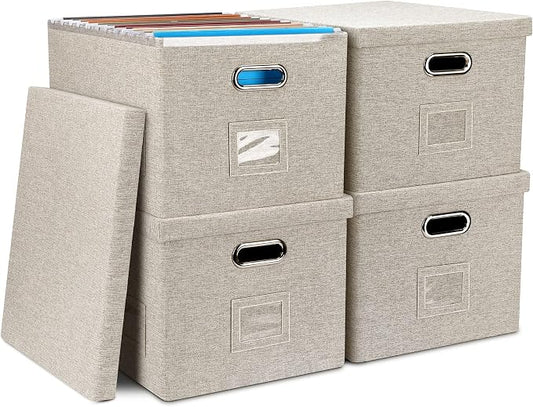 Graciadeco 4-Pack Modern Minimalist Beige Collapsible Linen File Folder Box Office Document Storage Filing Bin with Lid for Letter Legal Size Hanging Folders