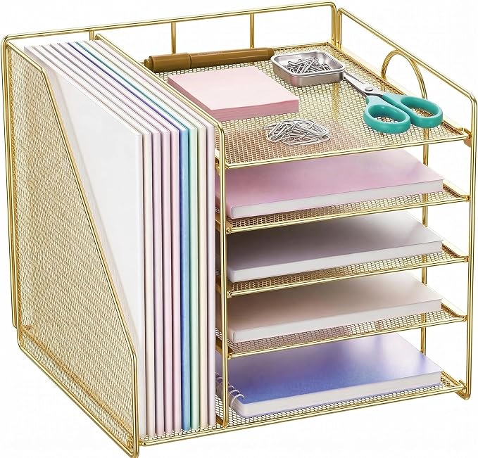OPNICE 5-Tier Desktop File Paper Organizer, Desk Organizers and Accessories, Office Desk Accessories & Workspace Organizers for Home Office Supplies, Gold