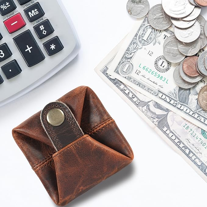 Leather Coin Pouch - Compact Change Holder and Mini Pocket Wallet for Men & Women (Brown)